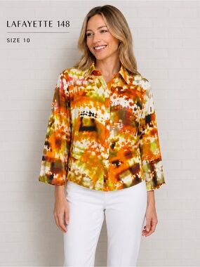 Lafayette 148 New York Abstract Print Button Front Cotton Blend Blouse Size 10
